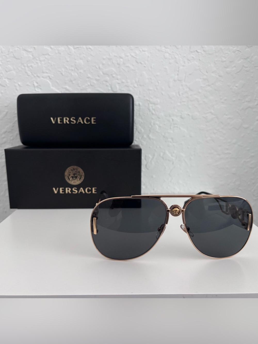 Versace  Gold Aviator Sunglasses with Dark Gray Lenses